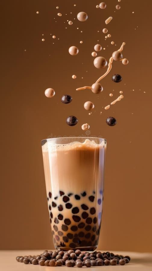 Brown sugar boba with tapioca pearls splashing